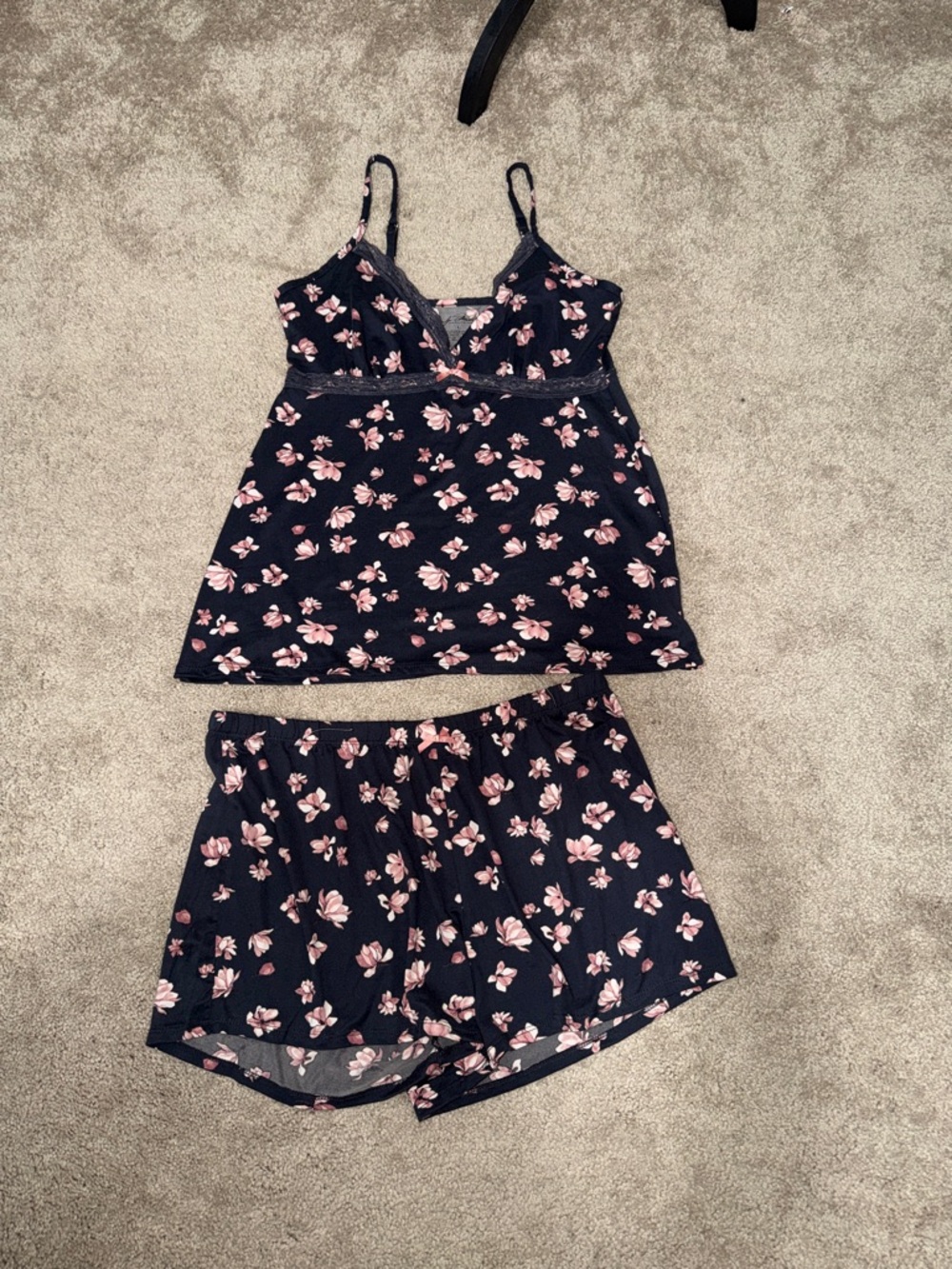 Floral Lace-Trim Cami & Shorts Sleep Set in Navy with Pink Flowers